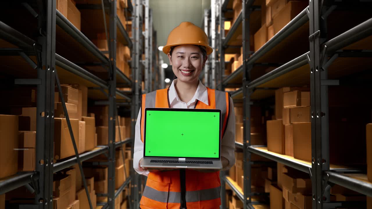 mujer en el almacén con computadora portátil y pantalla verde