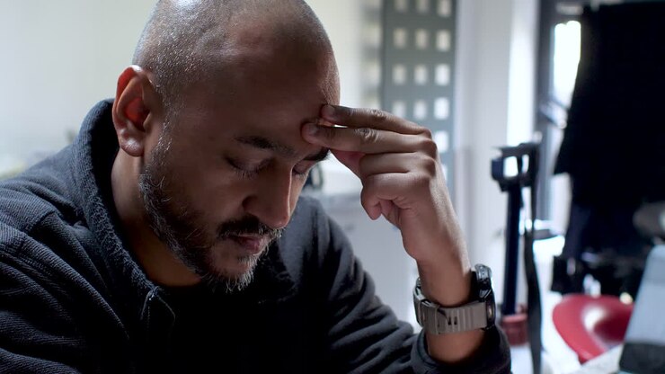 Man in thought with a hand on his forehead, expressing stress, indoors, daylight visible