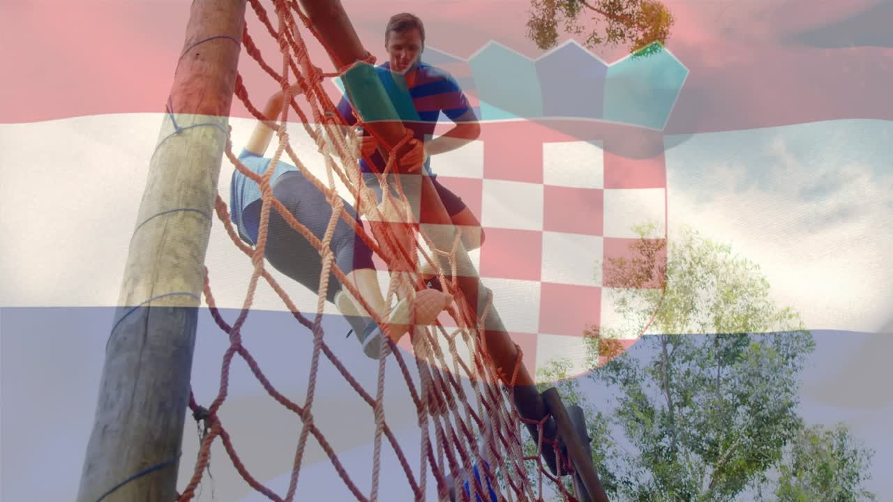 Animação da bandeira da Croácia sobre homem e mulher diversos durante treinamento de corrida de obstáculos