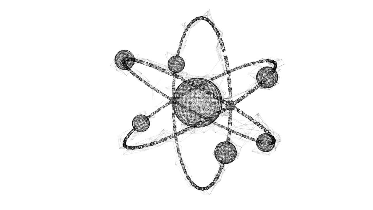 Planetary model of atom with nucleus and electrons spining on orbits. Nuclear nano technology. Wireframe low poly mesh technology