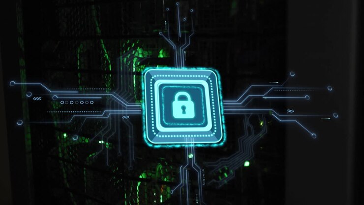 Animation of padlock with connections over server room