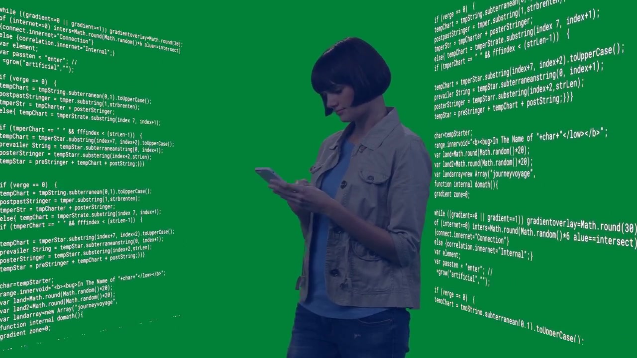Woman tapping phone on green chroma backdrop, swiping and causing code panels to ripple for tech