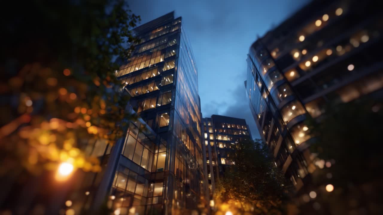 Splendida vista notturna di grattacieli urbani illuminati da luci e circondati da una vegetazione lussureggiante che cattura la bellezza dell'architettura moderna su uno sfondo di cielo scuro