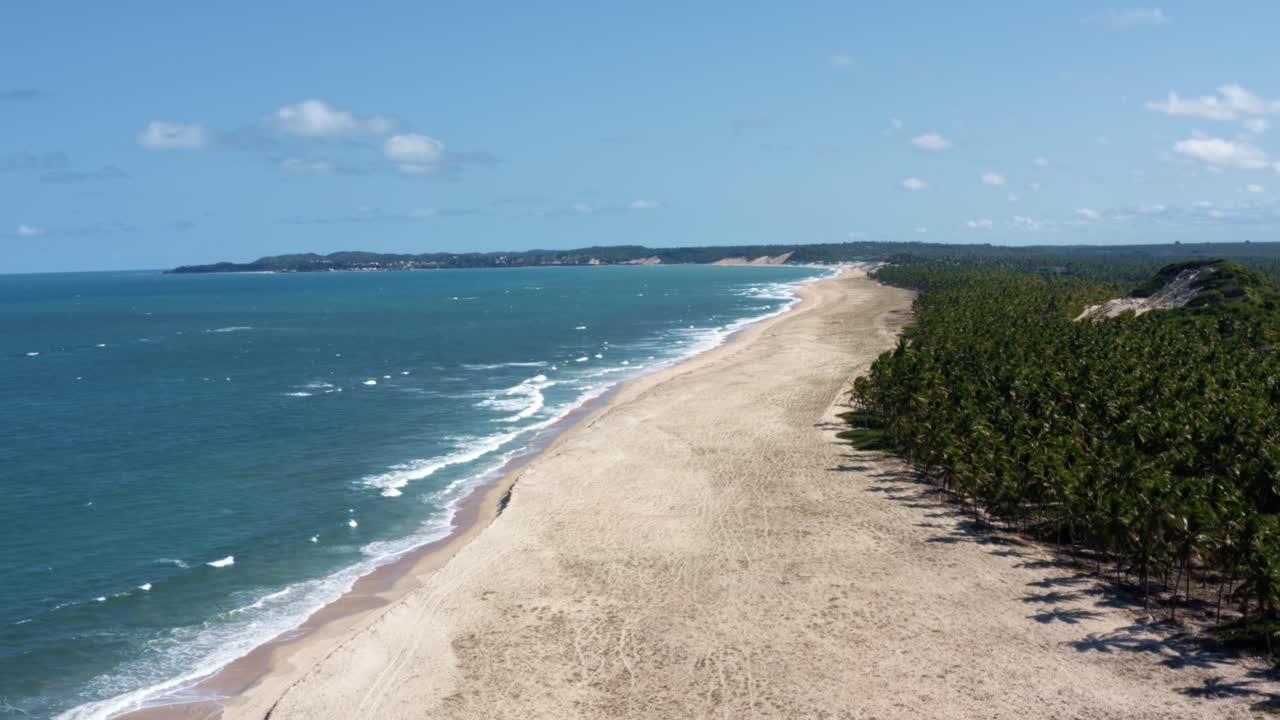 toma aérea de la costa tropical de río grande do norte, brasil, con una playa blanca virgen, agua azul del océano y palmeras entre baia formosa y barra de cunha?