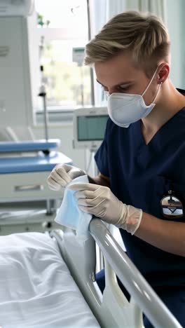 hospital staff cleaning a patient's bedside railing