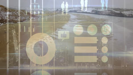donut chart floating over winter beach, showing data bars and icons in translucent data overlay