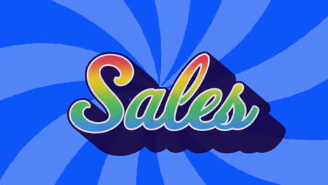 animación de un cartel de texto de ventas contra rayos radiales en un patrón sin costuras sobre un fondo azul