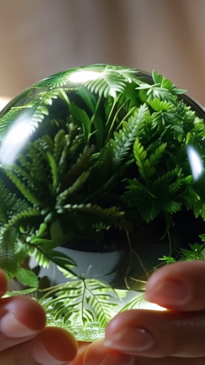 A captivating display of vibrant greenery enclosed within a crystal sphere, showcasing intricate details of nature's beauty captured in glass