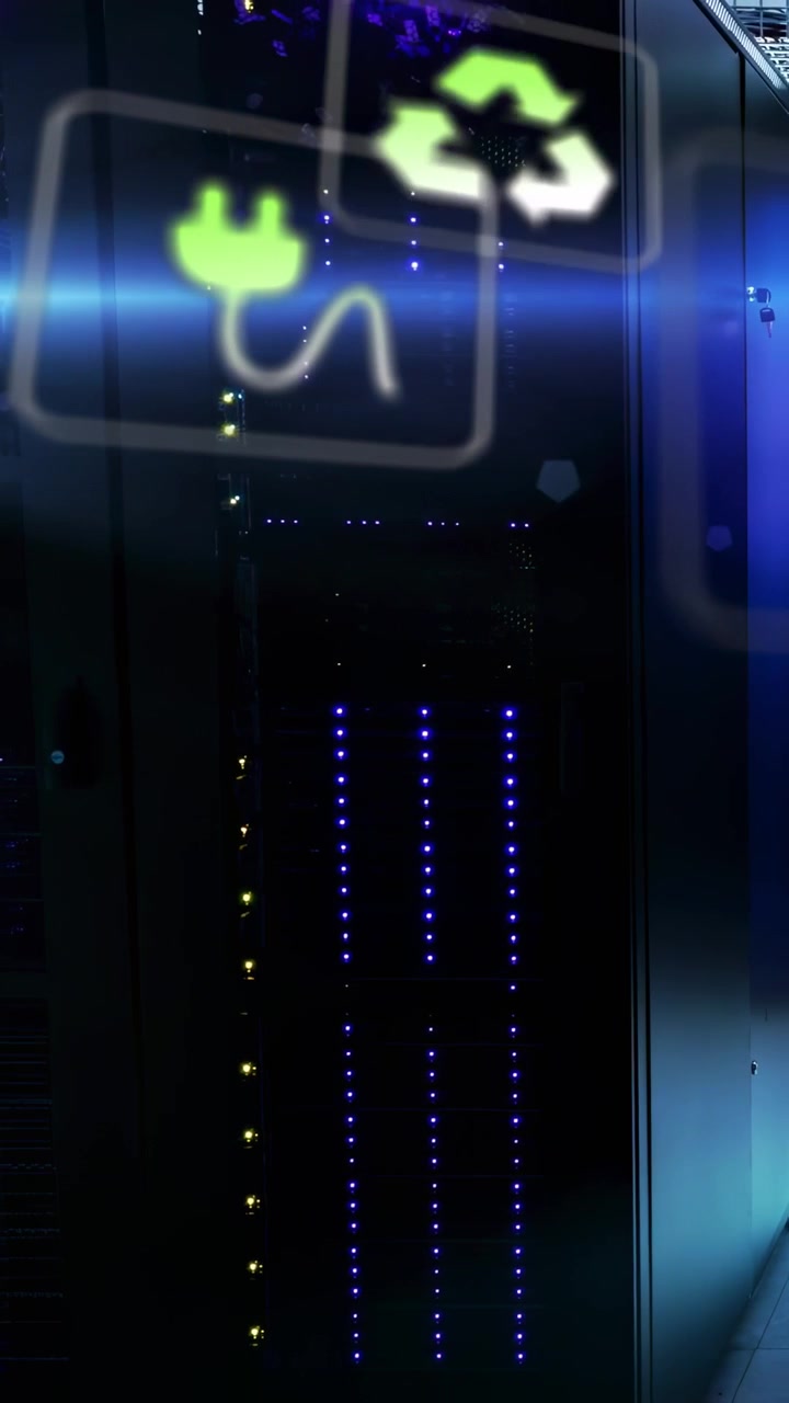 Vertikal video: Overvågningsapp sender grønne ikoner over et rack i et datacenter, viser LED'er for status