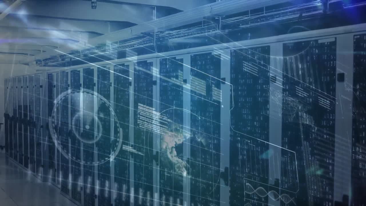 Animation of network of icons and connections, data processing and digital information in a server r