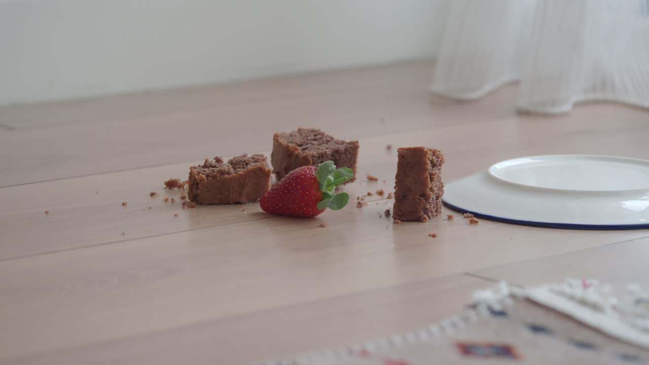 Broken Chocolate Cake and Strawberry on Floor