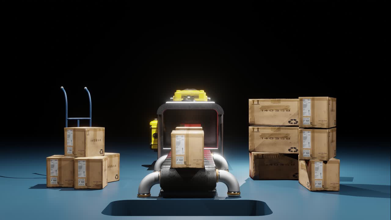 자동 문이 있는 구 ⁇ 에 상자를 운반하고 떨어뜨리는 컨베이어 벨트의 앞면, 무한 루프 애니메이션