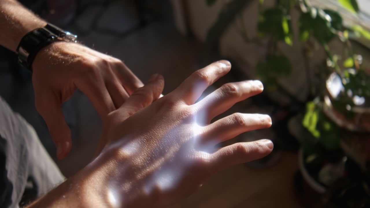 A close-up view of a person's hands illuminated by natural light, showcasing the intricate play of shadows and reflections on the skin, highlighting the texture and form while surrounded by a warm, inviting atmosphere
