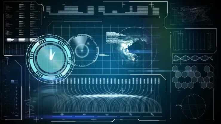 Animation of clock moving and data processing on blue background