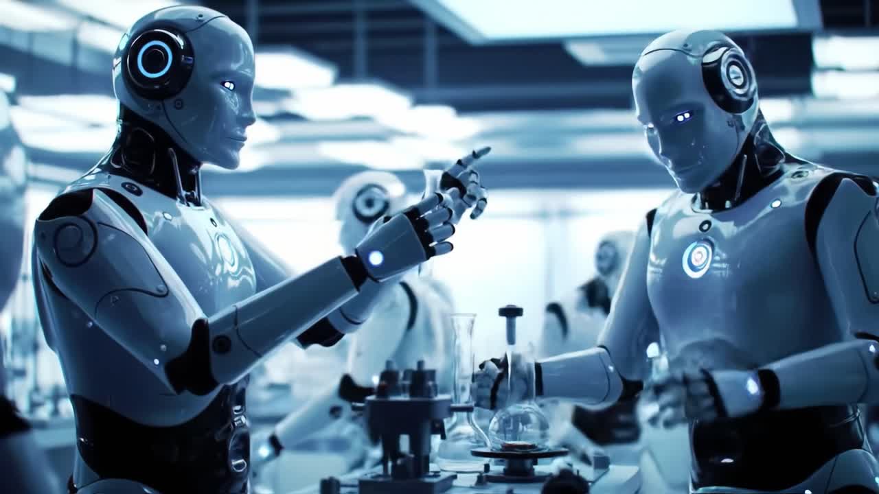 Two robotic figures engage in scientific experiments, carefully holding test tubes in a futuristic lab filled with advanced technology and equipment. Their movements are precise and deliberate.