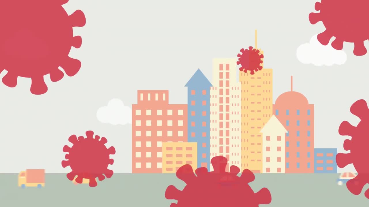 코로나19 세포와 배경의 도시 풍경