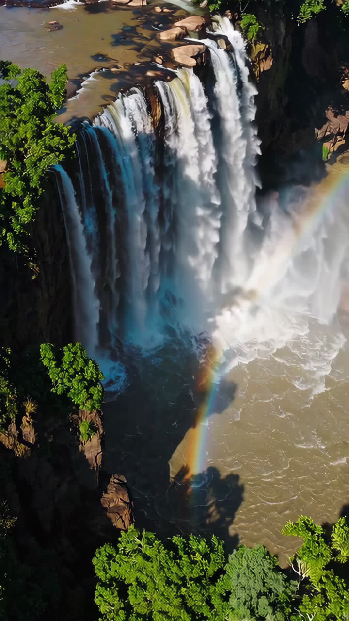 Majestic Waterfall with Rainbow in Lush Rainforest