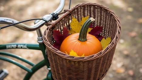 a charming bicycle with a pumpkin basket surrounded by autumn leaves, perfectly capturing the spirit of fall and seasonal festivities in a picturesque setting
