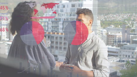 animation of statistical data processing over diverse man and woman discussing in balcony at office