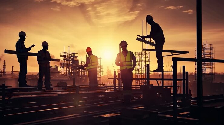 Silhouetted construction workers at sunset, captured from a low angle