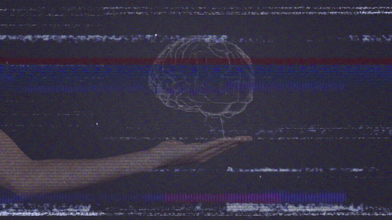 Holding digital brain hologram, hand showcasing animation over glitchy dark backdrop
