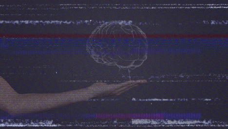 holding digital brain hologram, hand showcasing animation over glitchy dark backdrop