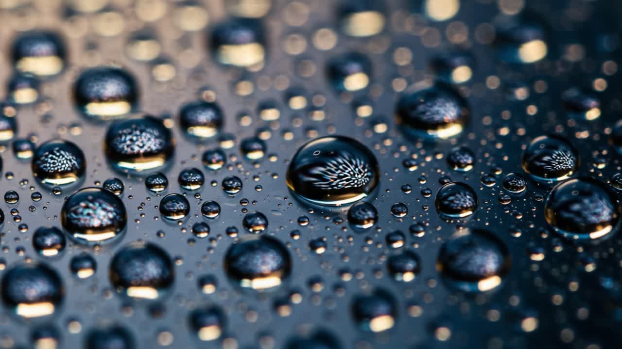 Close-up of Glimmering Water Droplets on a Dark Surface, Capturing the Intricate Patterns and Reflections Created by Light in a Vivid and Artistic Manner