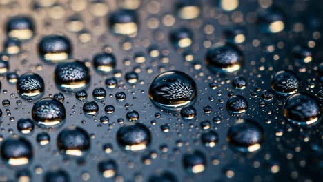 close-up of glimmering water droplets on a dark surface, capturing the intricate patterns and reflections created by light in a vivid and artistic manner