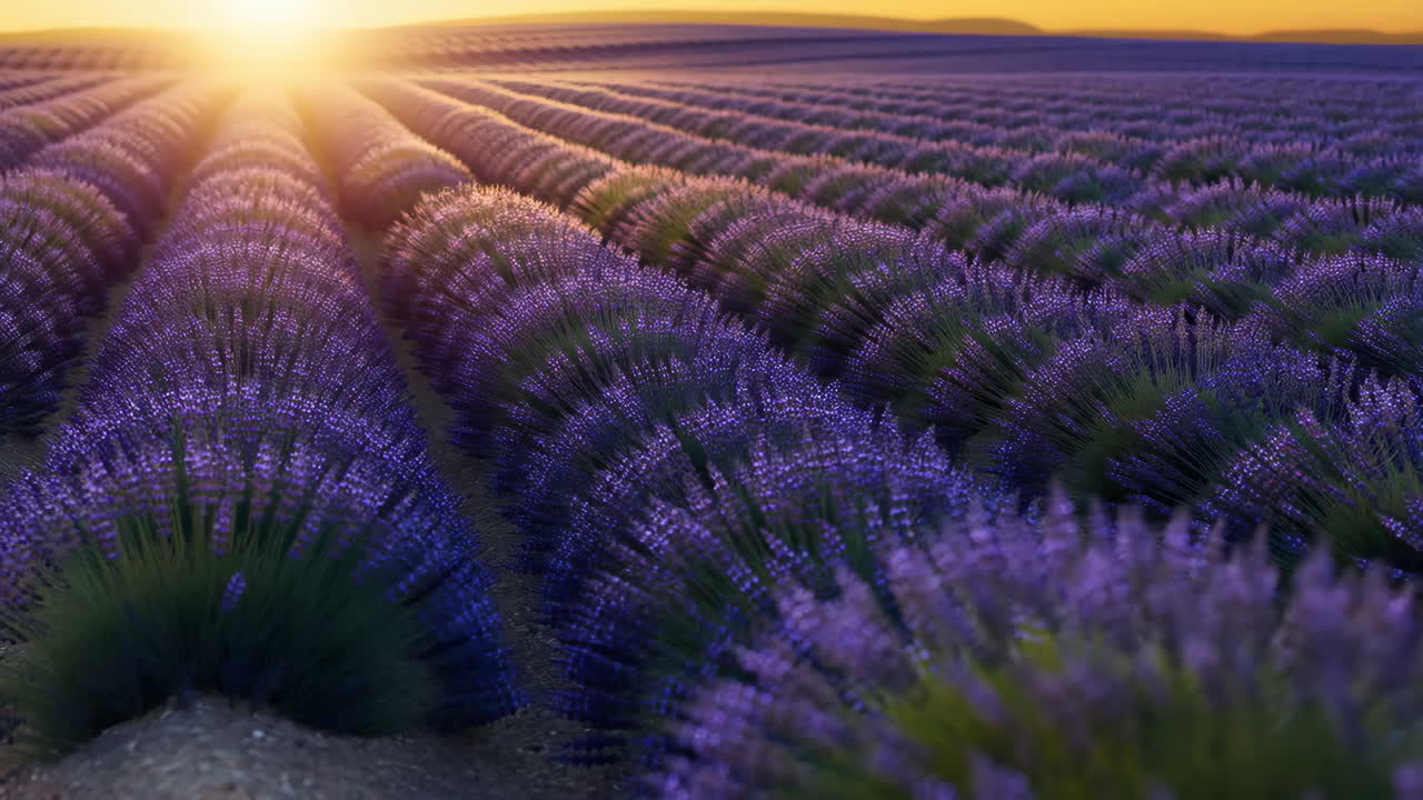 Sunset over a vast lavender field