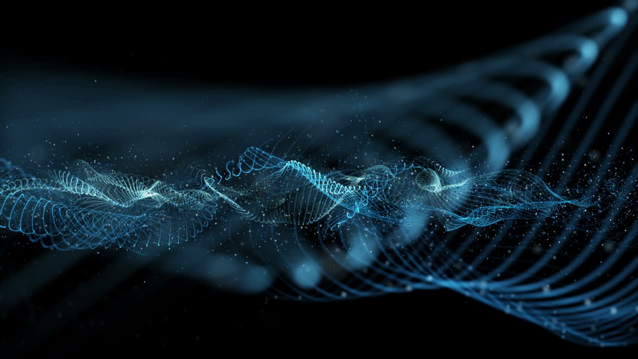 Futuristic animation with wave object and glitter particles in slow motion, 4096x2304 loop 4K