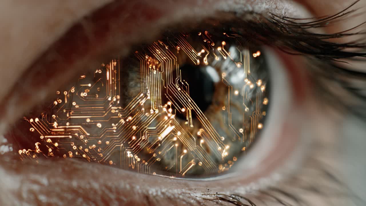 A Close-Up of an Eye Reflecting a Complex Circuitry Design, Blending Biological Elements with Technological Patterns, Symbolizing the Convergence of Humanity and Innovation