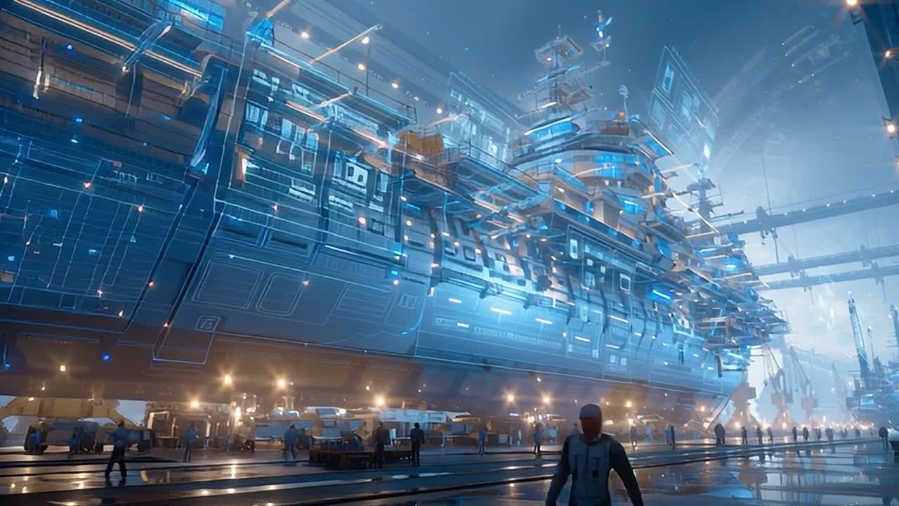 Futuristic spaceship under construction in a high-tech dock at night