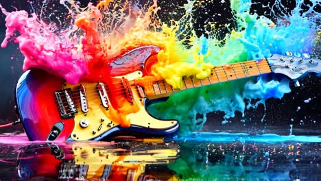 una guitarra eléctrica colorida con salpicaduras de pintura coloridas en ella