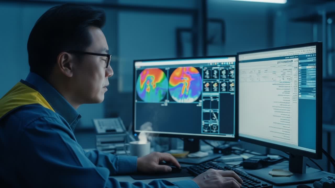 A focused analyst interprets complex data on dual monitors, revealing intricate details through thermal imaging and advanced analytics in a high-tech environment
