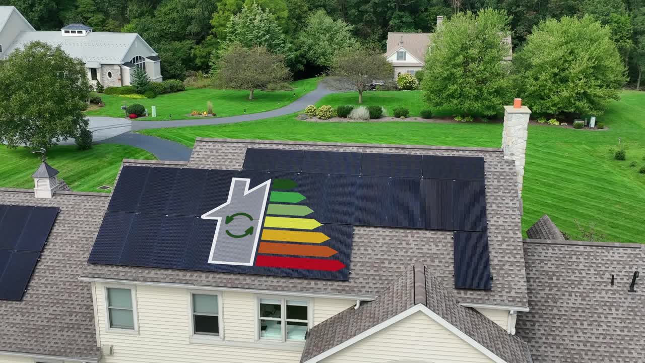 House with solar panels and energy rating graphic on roof