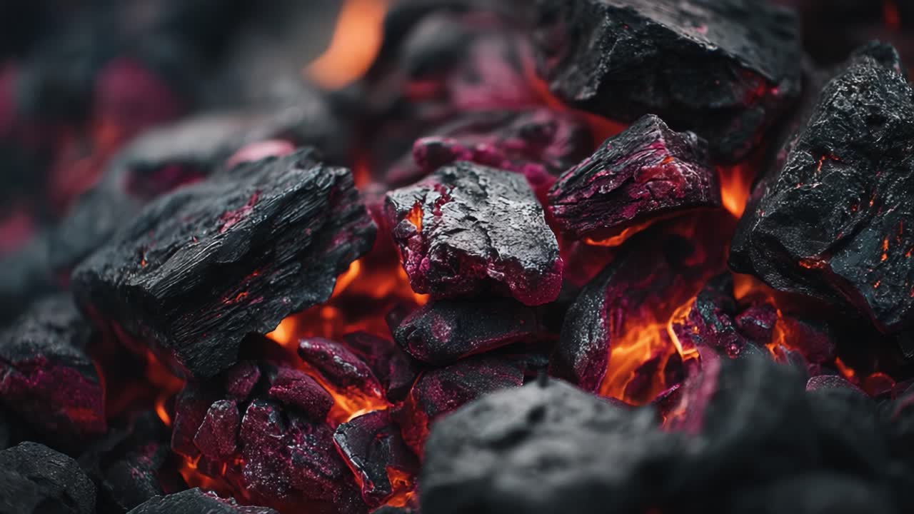 Un primo piano di braci ardenti di carbone che evidenzia il calore intenso e la consistenza del legno che brucia, perfetto per cucinare e per l'atmosfera da falò.