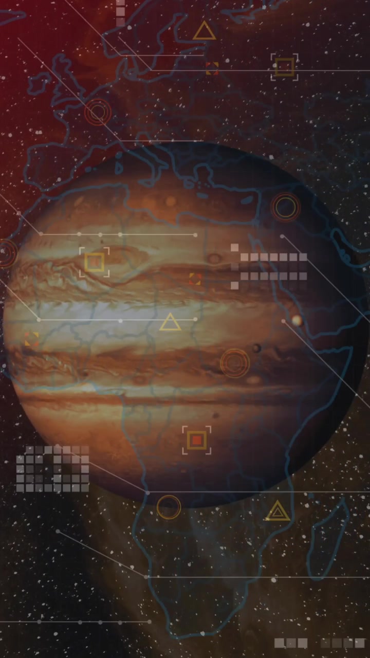Animation of geometric shapes and map over globe against space in background