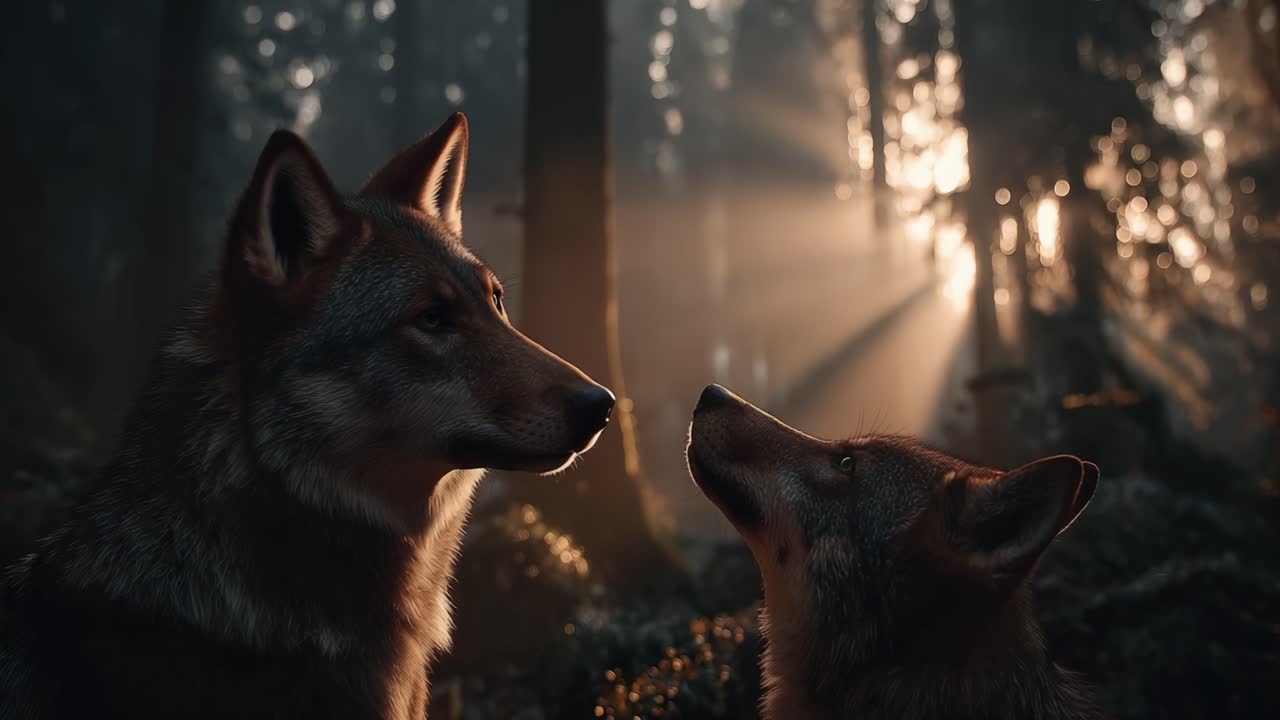 A Serene Encounter Between Two Majestic Wolves in Sunlit Forest, Capturing the Beauty of Nature and the Connection of Wildlife