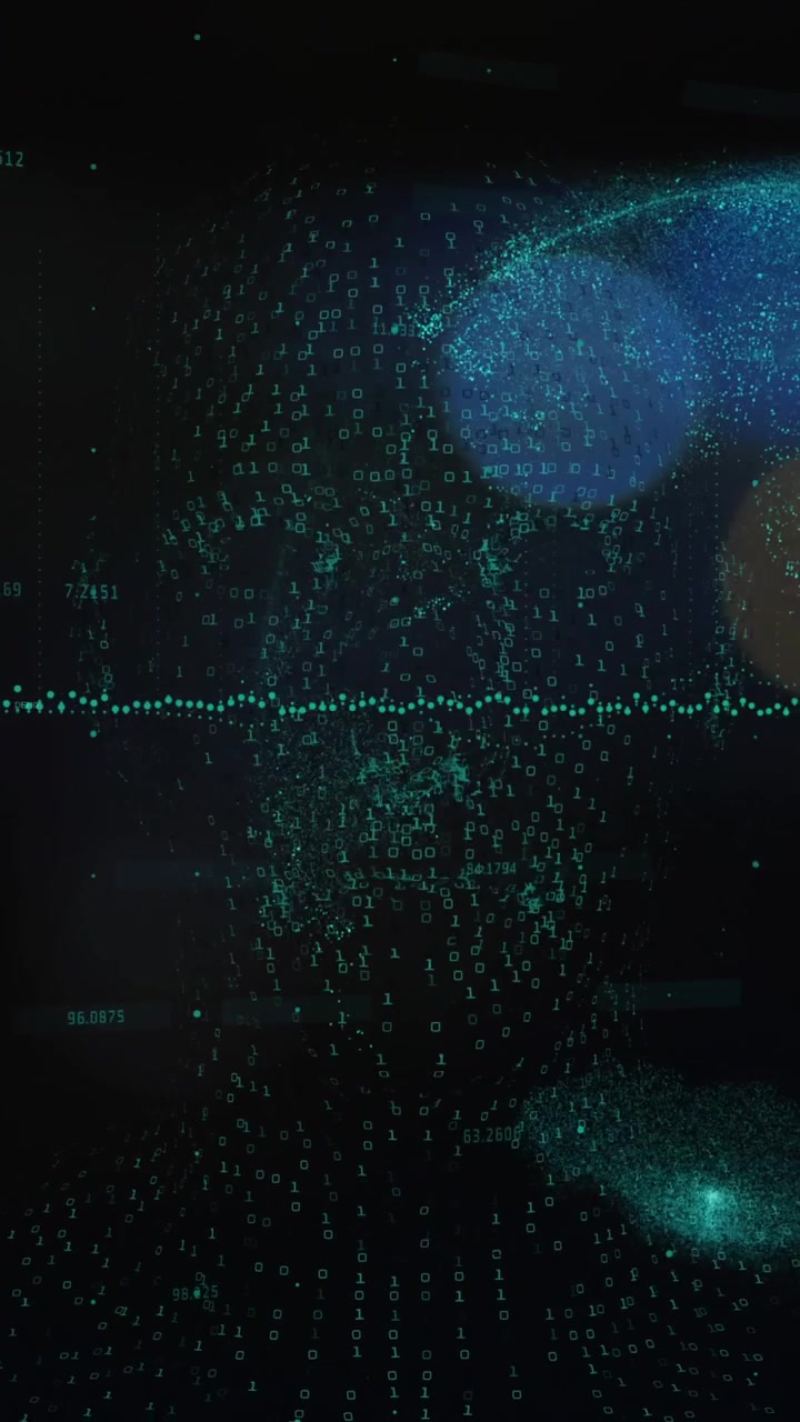 Animation of financial data processing over light spots on black background