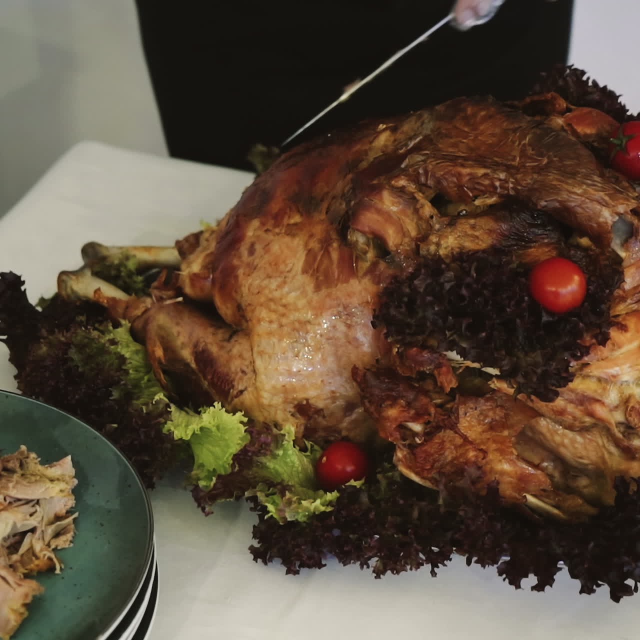 Baked turkey with vegetables and spices. Thanksgiving Day. Juicy meat. Sqare video