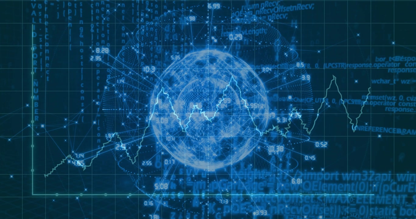 Global data network and financial statistics animation over digital world map