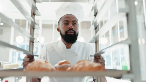 Trolley,-pastry-chef-and-man-in-restaurant-kitchen