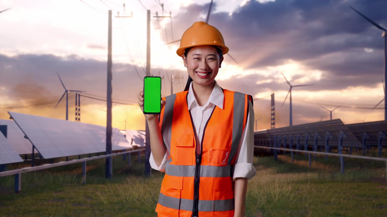 Asian Female Engineer With Safety Helmet Smiling And Showing Green Screen Smartphone To The Camera With Solar Panel and Wind Turbines
