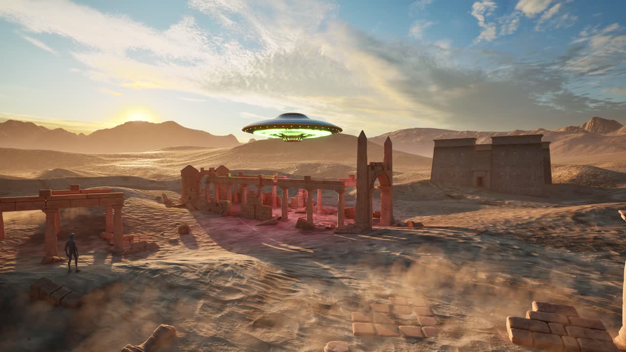 A UFO casting colorful lights, hovering above ancient temple ruins in the desert on sunset, with an alien standing idle and looking, 3D animation, animated scenery, camera zoom in slowly