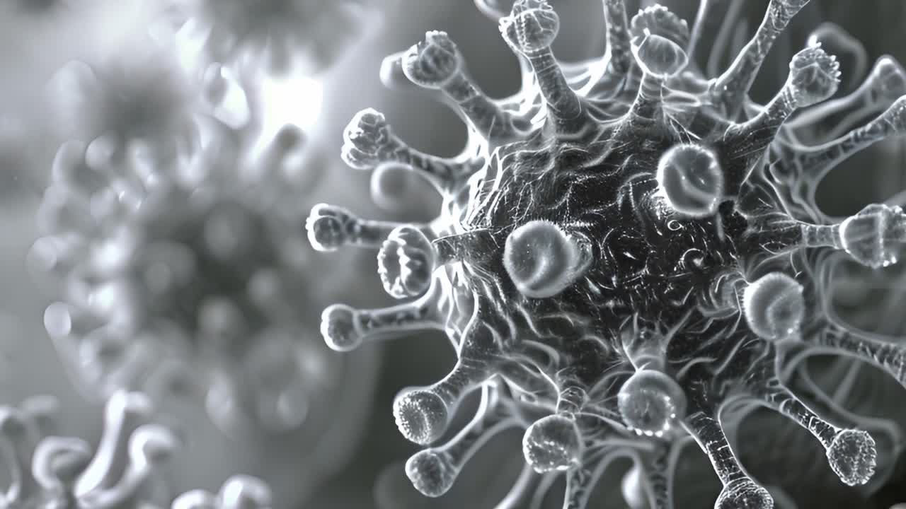 Microscopic Black and White Illustration of a Virus Particle
