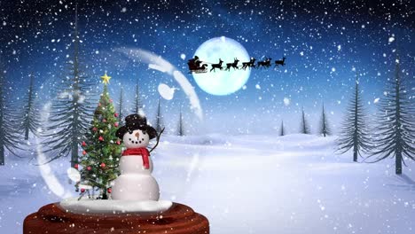 Animation-of-snow-falling-over-santa-claus-in-sleigh-with-reindeer-and-snow-globe-with-snowman