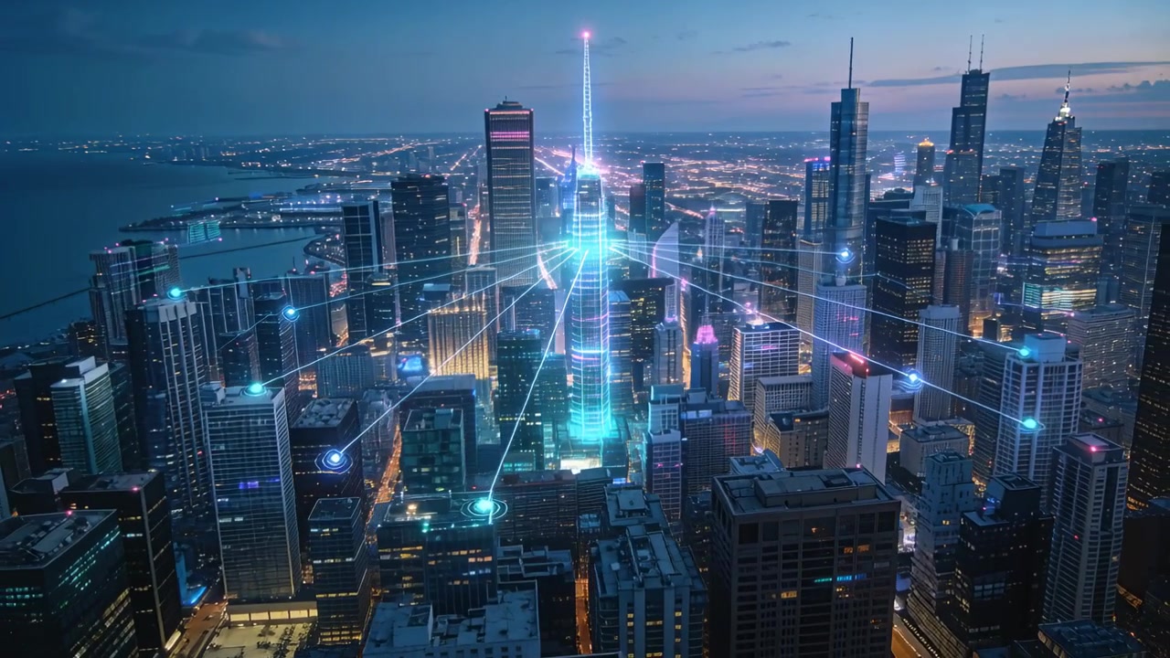 Illuminando la guglia centrale e i nodi del tetto, con collegamenti pulsanti che si estendono attraverso il crepuscolo della città come sovrapposizione che forma una rete.