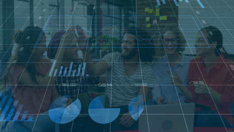 animation of financial data processing over diverse business people in office