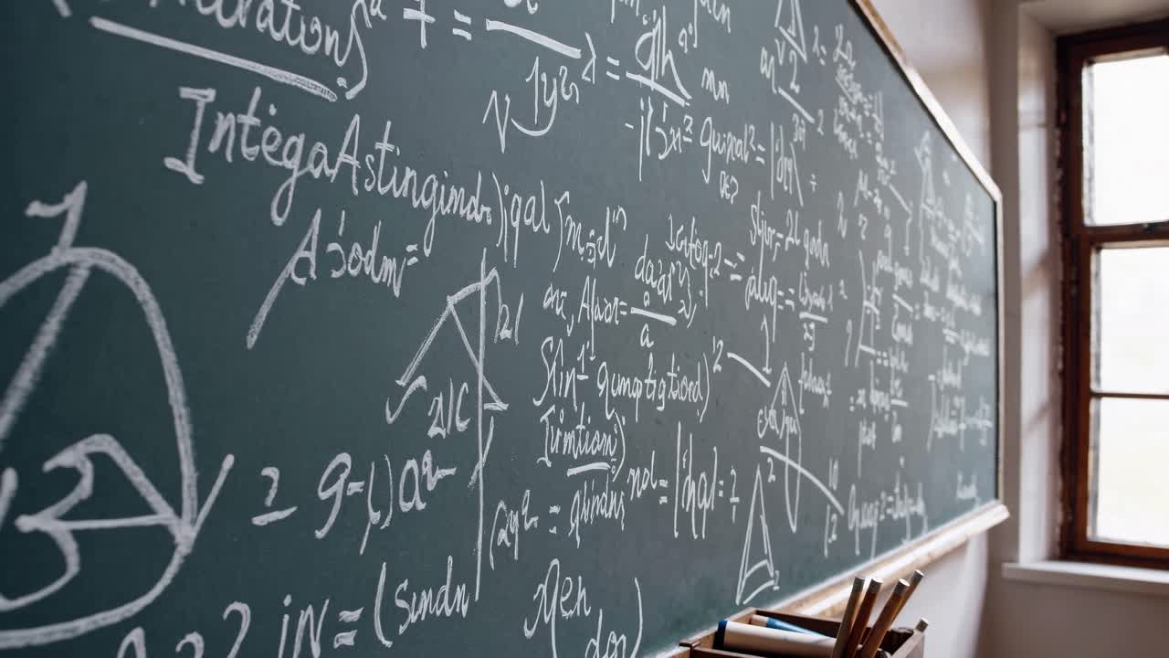 A wide-angle shot of a chalkboard filled with complex equations, capturing a classroom