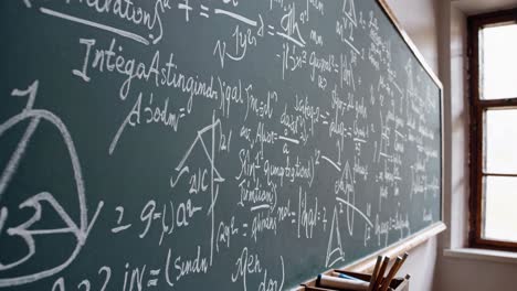 a wide-angle shot of a chalkboard filled with complex equations, capturing a classroom